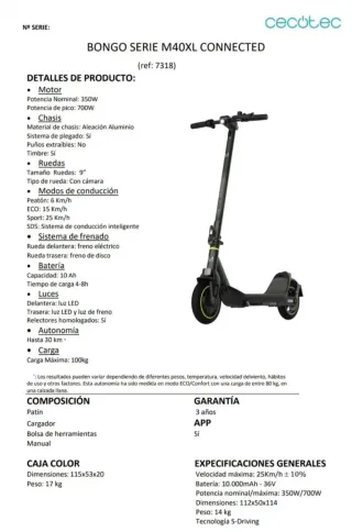 Patinete Cecotec Bongo M40 XL DGT