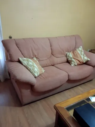 Sofá 3 plazas beige/rosa