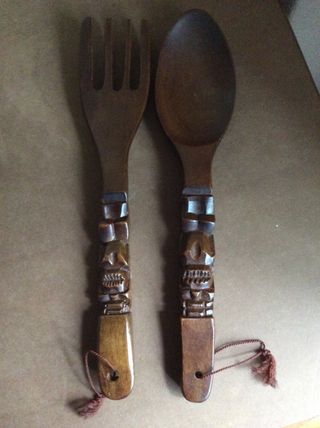 Vintage Juego Tenedor y Cuchara Madera Tallada
