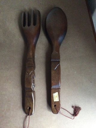 Vintage Juego Tenedor y Cuchara Madera Tallada