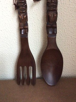 Vintage Juego Tenedor y Cuchara Madera Tallada
