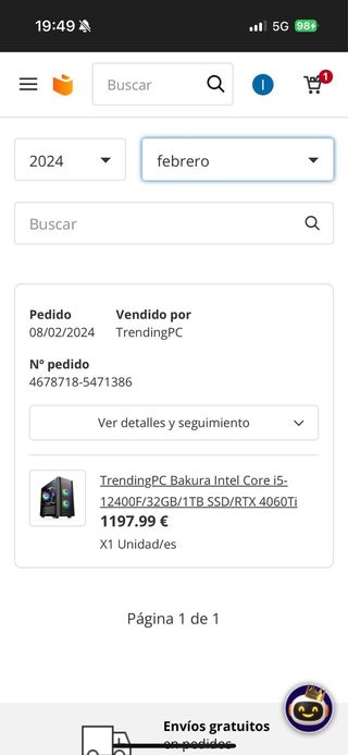 Procesador: i512400F, 32GB de ram, 1TB SSD de espa