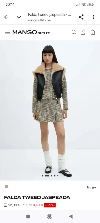 Falda Tweed Jaspeada Beige Mango Talla M