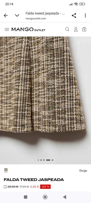 Falda Tweed Jaspeada Beige Mango Talla M