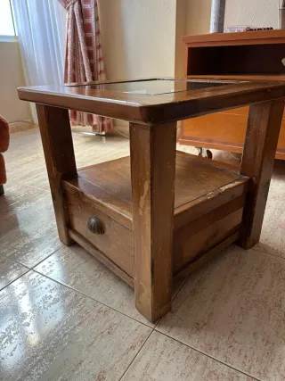 Mesa auxiliar madera maciza y cristal rústica