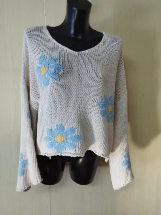 Jersey manga ancha flores azul y blanco