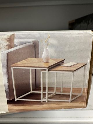 Set 2 Tavolini Legno e Metallo Marrone Bianco