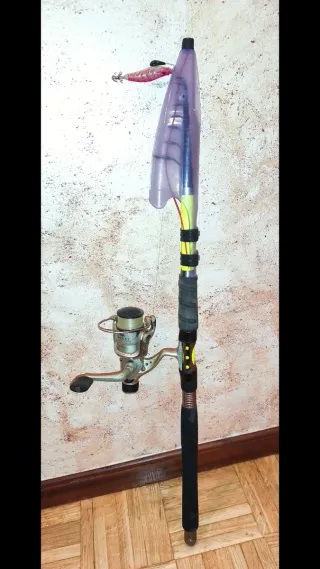 Caña de pescar con carrete y señuelo