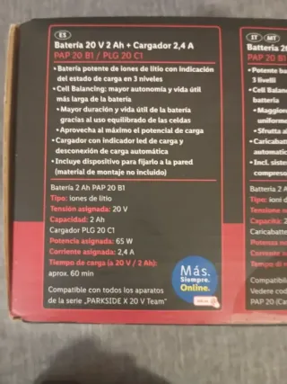 Cargador y 2 Baterías Parkside 20V promoción