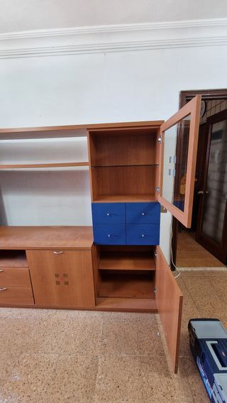 Mueble de salón modular madera y azul
