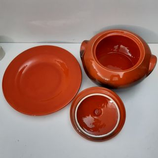 Prato Terrina c/ Tampa Porcelana Vidrada Vermelha