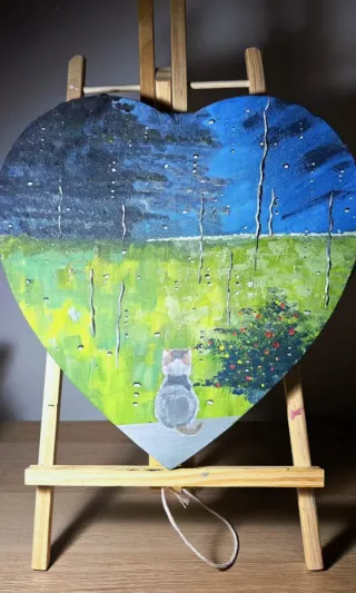 Lienzo Corazón Gato Día Lluvioso Acrílico