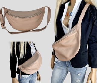 XL-Riñonera Grande de Piel Genuina - Beige - Italy