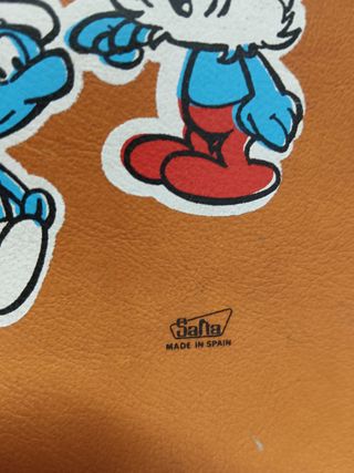 bonita CARTERA ESCOLAR, AÑOS 80 , LOS PITUFOS , PEYO - SAFTA - color marron