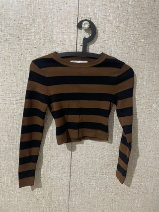 Top Zara Rayas Marrón y Negro Manga Larga