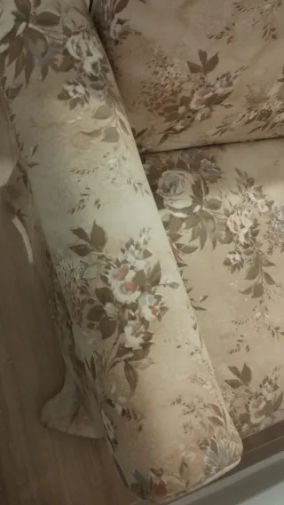 Sofá de tela floral beige y marrón