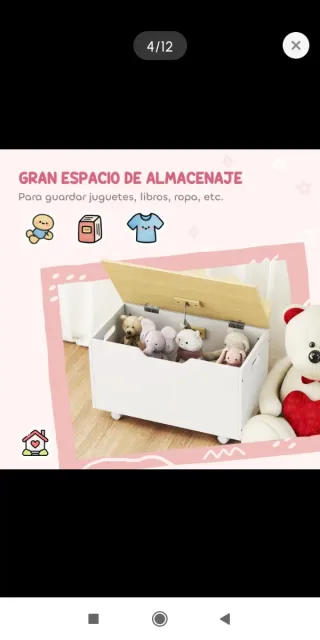 Baúl de Juguetes Infantil Blanco con Ruedas