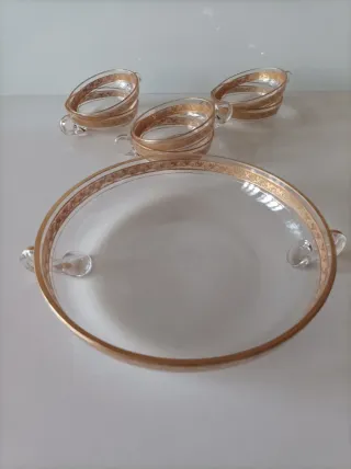 Juego ponchera antiguo cristal dorado