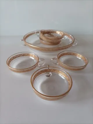 Juego ponchera antiguo cristal dorado