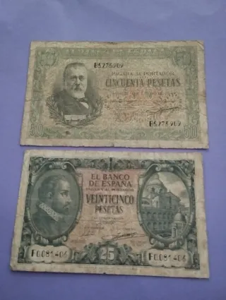 Billetes antiguos españoles 50 y 25 Pesetas