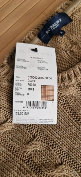 Jersey Burberry Algodón Lino Beige Talla 8