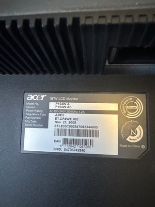 Monitor ordenador Acer P194W Negro/Plata