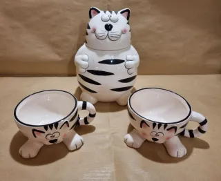 Biscottiera gatto in ceramica con due tazze gatto