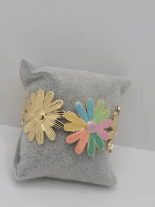 Pulsera Brazalete Chapado Oro Flores Multicolor