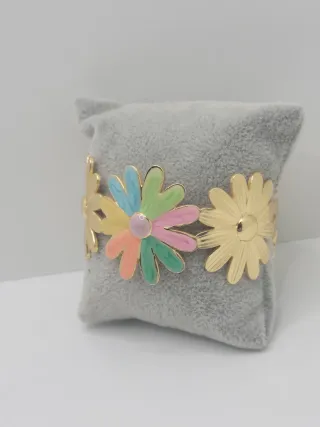 Pulsera Brazalete Chapado Oro Flores Multicolor