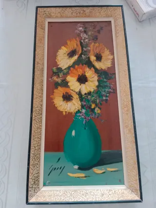 Cuadro Óleo Flores Jarron Dorado