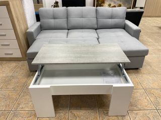 Sofá Cama Chaise Longue + Mesa Centro Gris