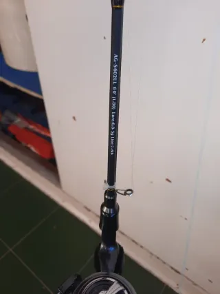 Caña de pescar con carrete spining ligero.