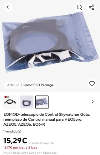 Cable Control EQMOD para Telescopios USB RJ11.