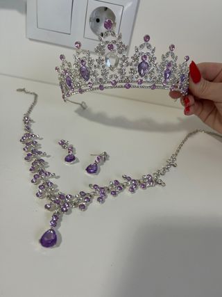 Conjunto Joyas Tiara Collar Pendientes Morado