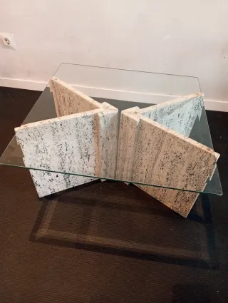 Mesa centro mármol travertino y cristal italiana