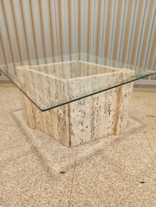 Mesa centro mármol travertino y cristal italiana