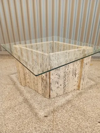Mesa centro mármol travertino y cristal italiana