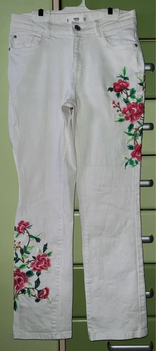 Pantalón Mango Blanco Talla 34 Flores