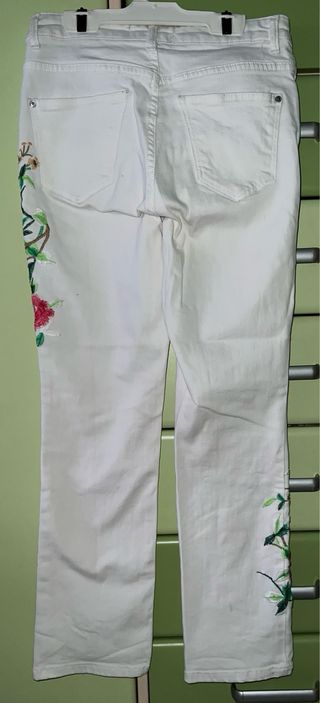 Pantalón Mango Blanco Talla 34 Flores