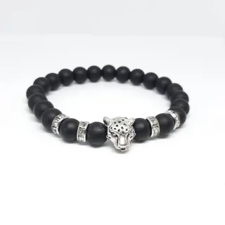 Bracciale pietra nero satinato charm leopardo