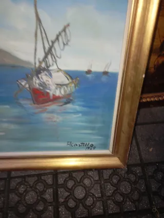 Cuadro Óleo Paisaje Marino Barcos