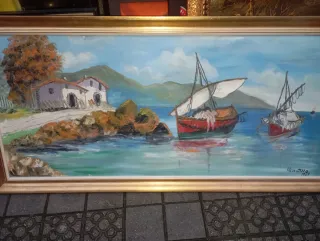 Cuadro Óleo Paisaje Marino Barcos