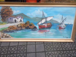 Cuadro Óleo Paisaje Marino Barcos