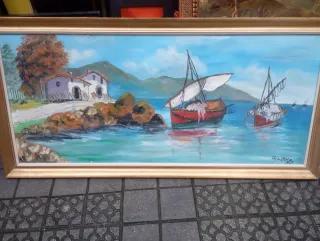 Cuadro Óleo Paisaje Marino Barcos