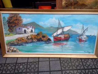 Cuadro Óleo Paisaje Marino Barcos