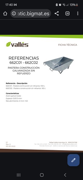Pastera Construcción Galvanizada 100L/165L