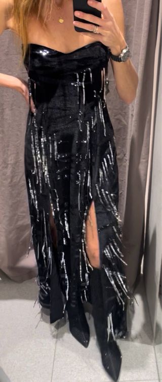 Vestido Zara Terciopelo Negro Strass