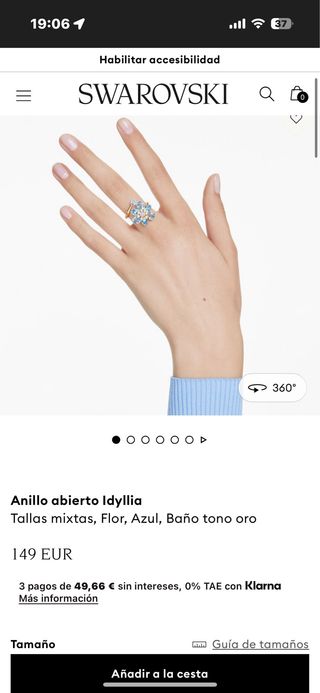 Anillo Flor Swarovski Ajustable Azul Dorado