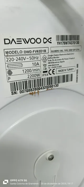 Lavadora Daewoo 9kg Carga Frontal A+++