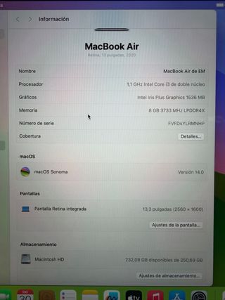 MacBook Air 2020 13” i3 8GB RAM 256GB SSD